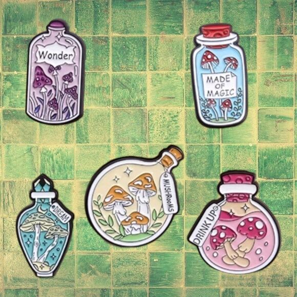 Mushroom Potion Bottles Pin Set 5 Enamel Brooch Bundle Magic Spell Fairycore Lot - Picture 2 of 6